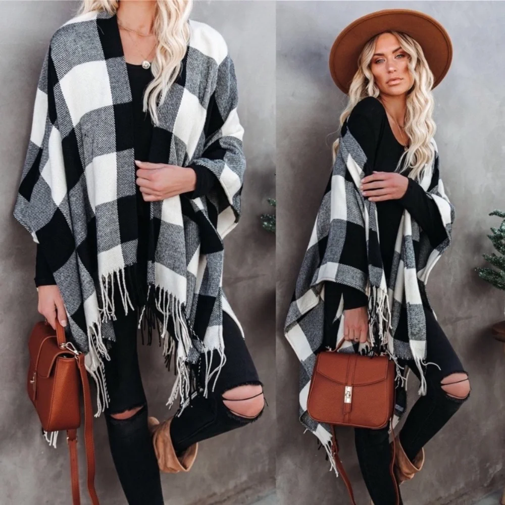 LAST 1! 5 Star Rated! New Cozy Soft Chic Plaid Fringe Poncho Ruana - Picture 8 of 11